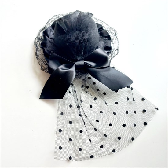 Шляпка-Вуалетка с оборками и бантиком , черная с черной оборкой - фото 10665