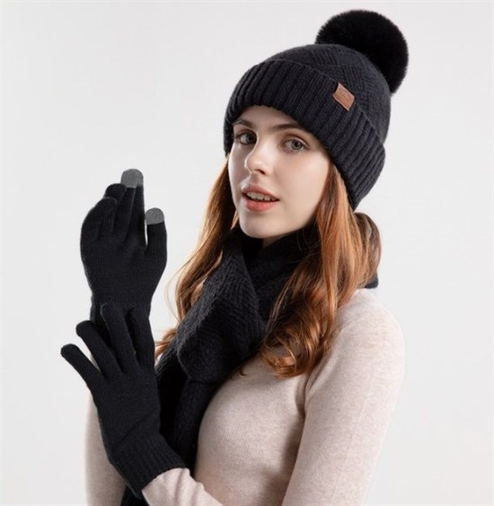 Комплект шапка, шарф и перчатки, черный - фото 11869
