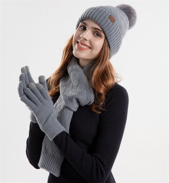 Комплект шапка, шарф и перчатки, серый - фото 11870