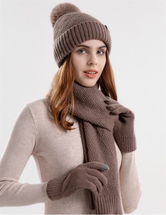 Комплект шапка, шарф и перчатки, коричневый - фото 11871