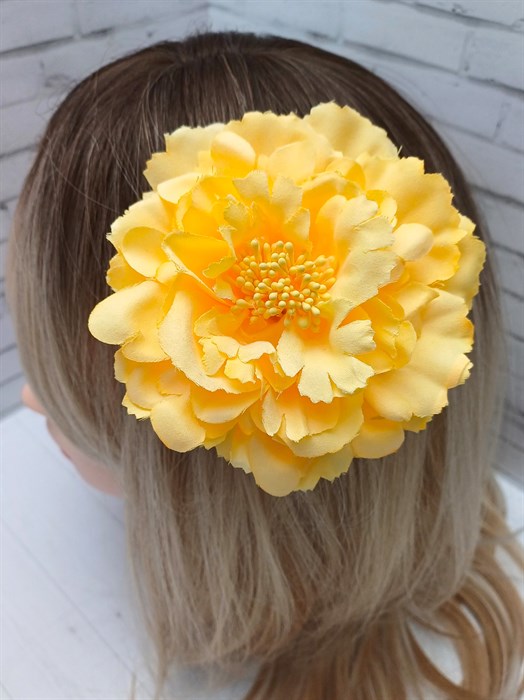 Заколка - брошь цветок Пион, диаметр 11 см, желтый - фото 13394