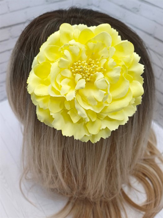 Заколка - брошь цветок Пион, 11 см, лимонный/ светло-желтый - фото 13396