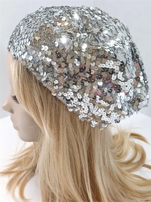 Карнавальный берет с пайетками, серебристый 316-2к
