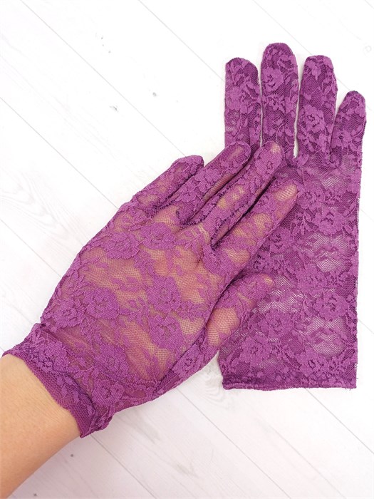 Перчатки гипюр короткие, фиолетовые, розочки 210-56