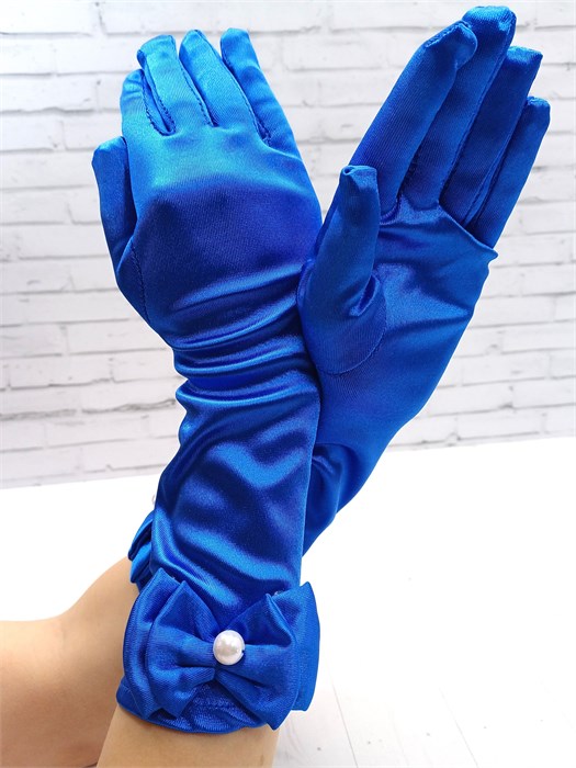 Детские перчатки атласные длинные с бантиком, синие 216-6