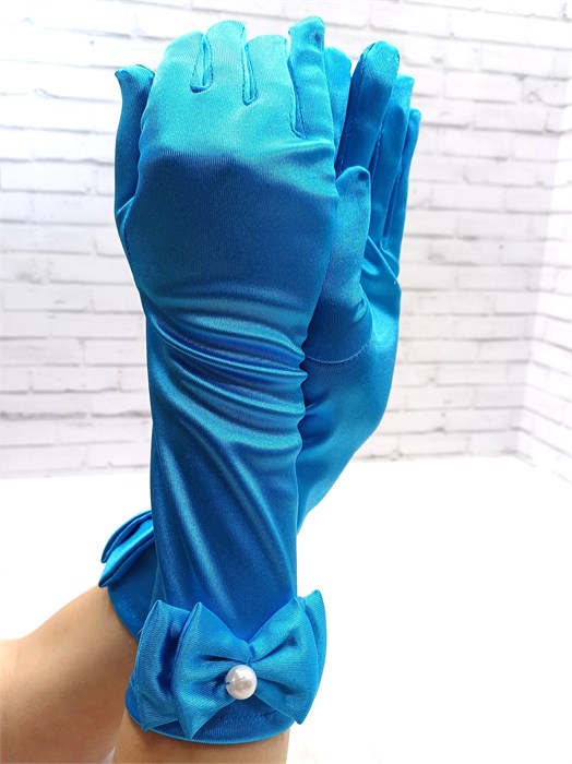 Детские перчатки атласные длинные с бантиком, голубые 216-4