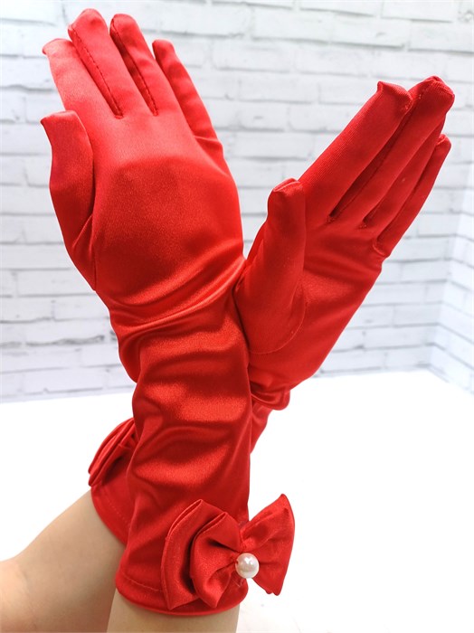 Детские перчатки атласные длинные с бантиком, красные 216-7