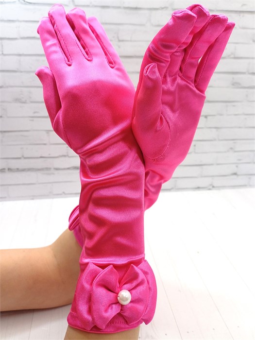 Детские перчатки атласные длинные с бантиком, малиновые 216-2