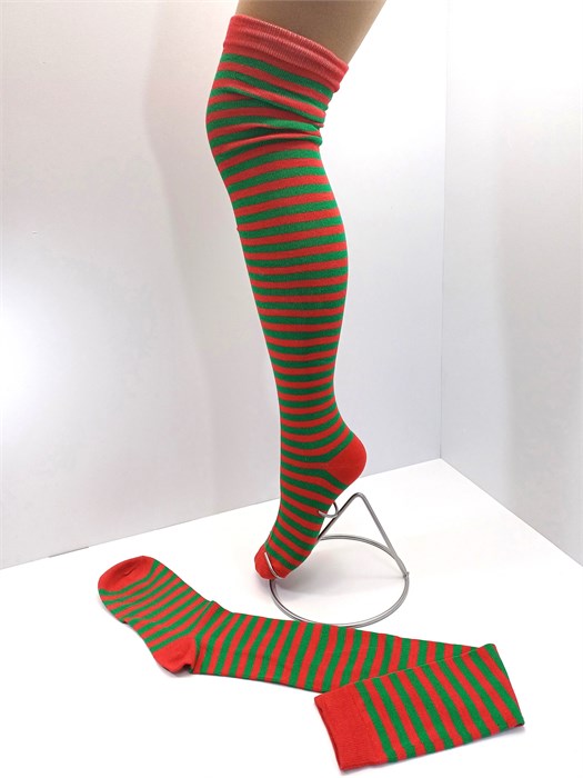 Гольфы длинные полосатые, красные с зеленым, новогодние 705-4