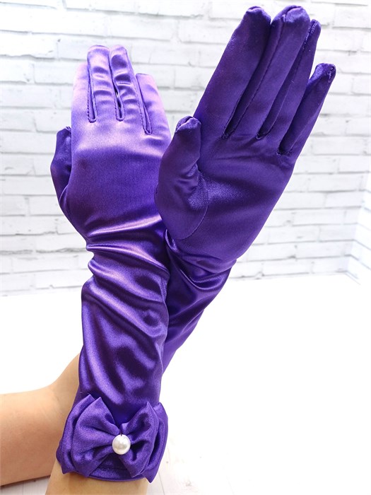 Детские перчатки атласные длинные с бантиком, фиолетовые 216-14