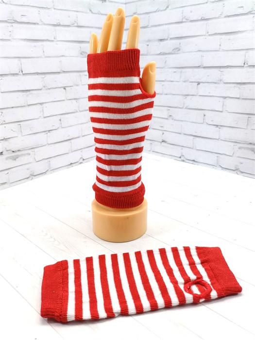 Митенки короткие, белые и красные полоски 821-к4