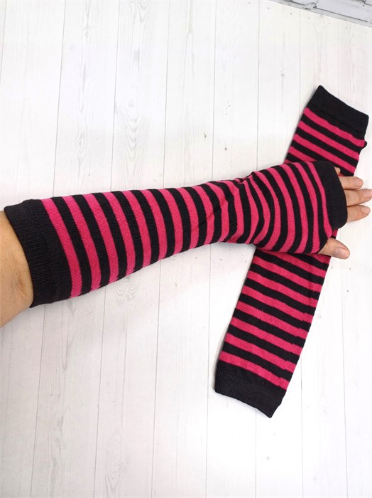 Митенки трикотажные, черные и малиновые полоски 821-6