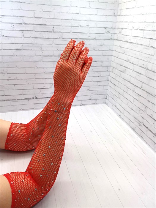 Перчатки длинные сеточка со стразами, красные 245-2
