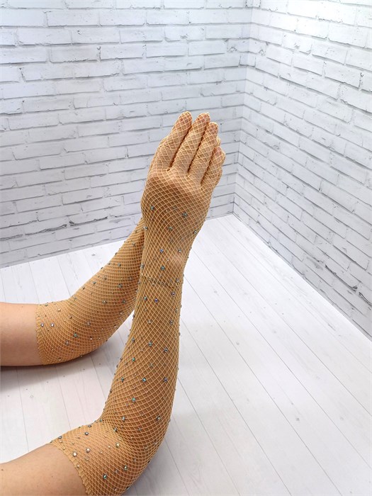 Перчатки длинные сеточка со стразами, бежевые 245-4