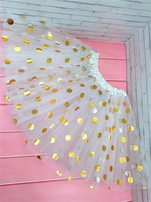 Юбка фатиновая в золотистый горох, белая 40 см 75683-03-40