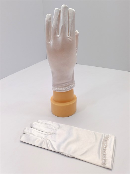 Детские перчатки атласные, короткие с бусинками в ряд на 8-12 лет, белые 218-6