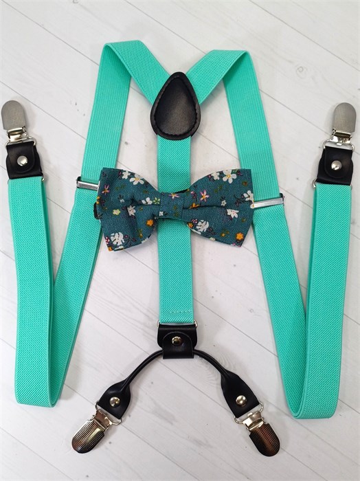 Подтяжки 4 зажима с бабочкой с рисунком, светло-бирюзовые 800-03