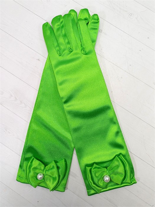 Детские перчатки атласные длинные с бантиком, светло-зеленые 216-25