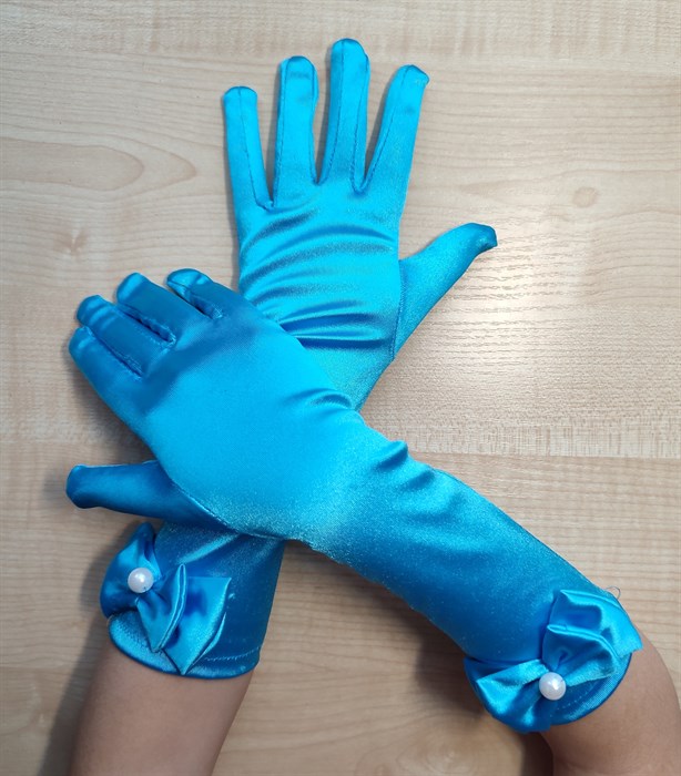 Детские перчатки атласные длинные с бантиком, голубые - фото 4975
