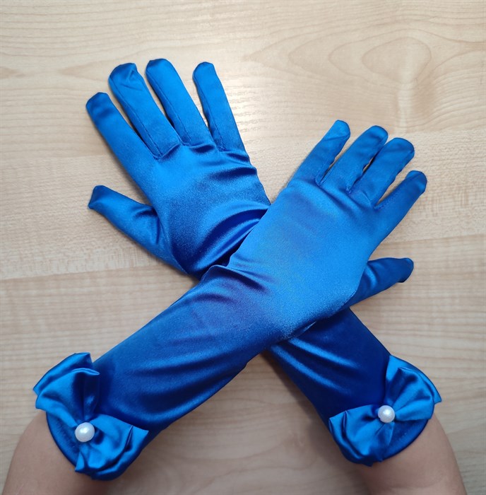 Детские перчатки атласные длинные с бантиком, синие - фото 4978