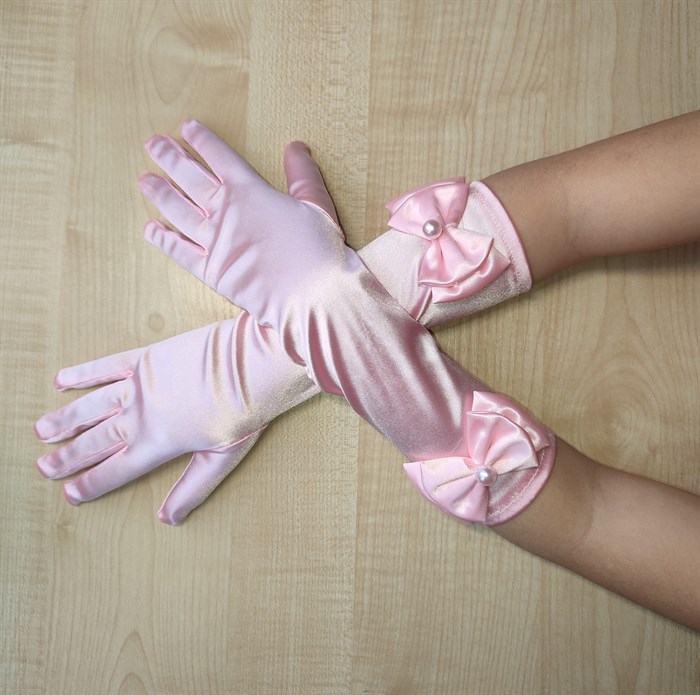 Детские перчатки атласные длинные с бантиком, розовые - фото 4982
