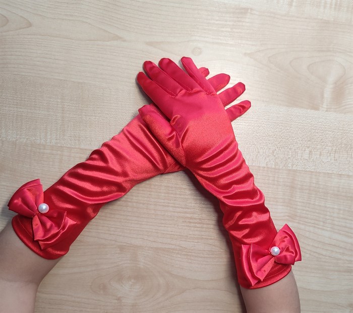 Детские перчатки атласные длинные с бантиком, красные - фото 4985