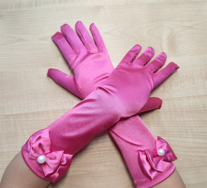 Детские перчатки атласные длинные с бантиком, малиновые - фото 4991