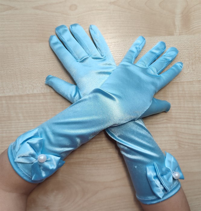 Детские перчатки атласные длинные с бантиком, голубое озеро - фото 4993