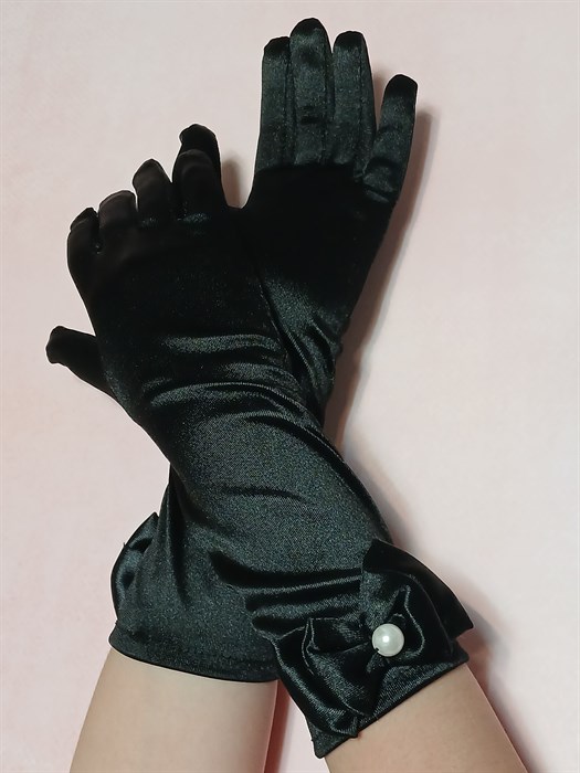 Детские перчатки атласные длинные с бантиком, черные - фото 5588