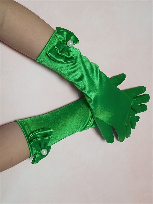 Детские перчатки атласные длинные с бантиком, зеленые - фото 5593