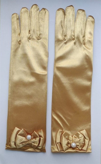 Детские перчатки атласные длинные с бантиком, золотистые - фото 5904
