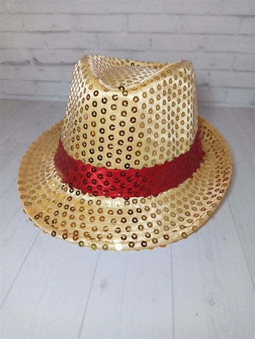 Карнавальная шляпа с пайетками, золотая с красной полосой, размер 54 - фото 6476