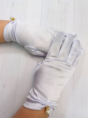 Перчатки с бусиной атласные взрослые, белые - фото 6716