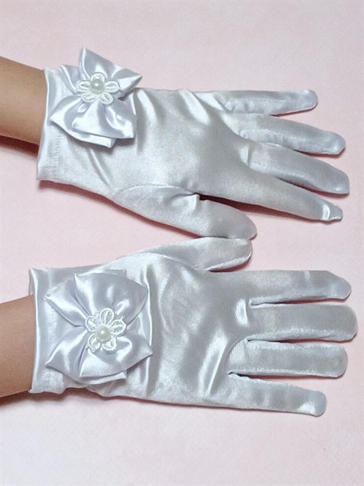 Детские перчатки атлас, Короткие с бантом, белые - фото 7229