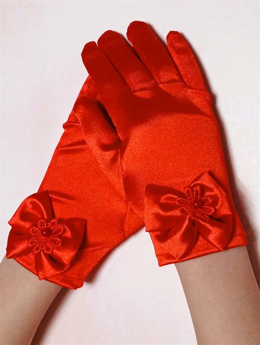 Детские перчатки атлас, Короткие с бантом, красные - фото 7254