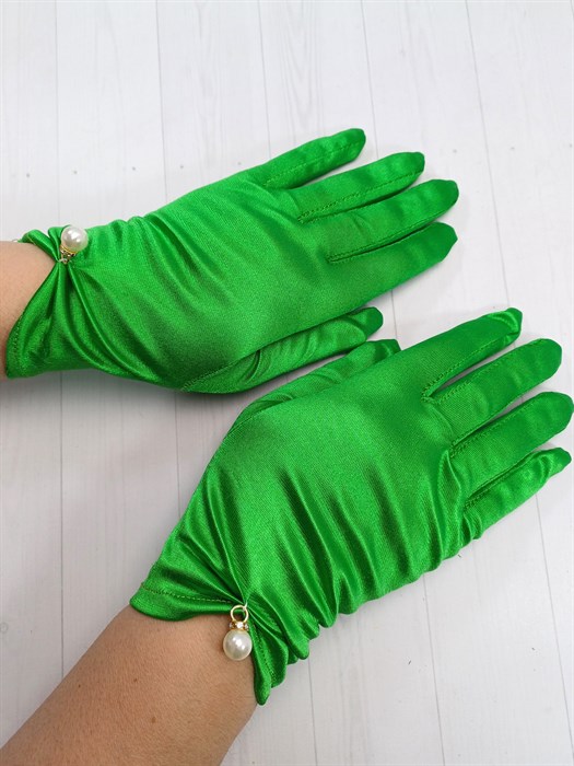 Перчатки с бусиной атласные взрослые, зеленые - фото 7322