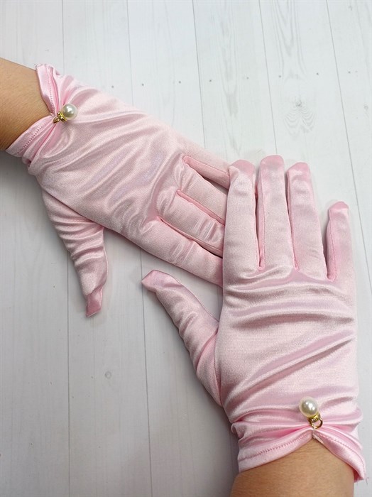 Перчатки с бусиной атласные взрослые, розовые - фото 7327