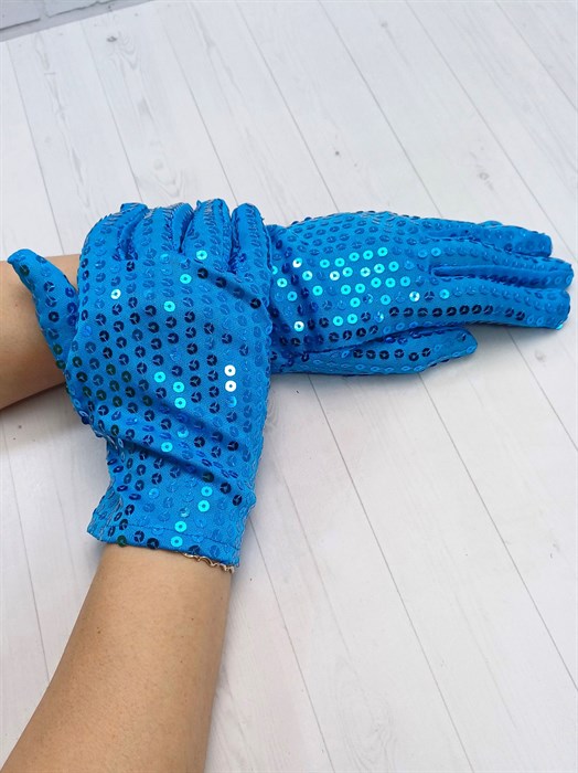 Перчатки с пайетками голубые, взрослые - фото 7717