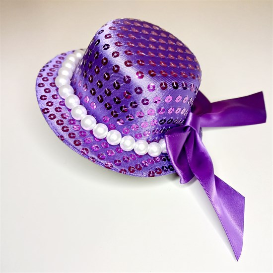 Шляпка заколка с пайетками бусинами и бантом, фиолетовая - фото 9922