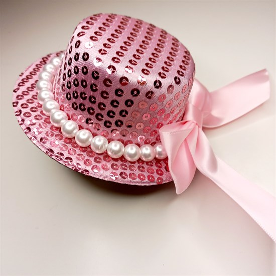 Шляпка заколка с пайетками бусинами и бантом, розовая - фото 9933
