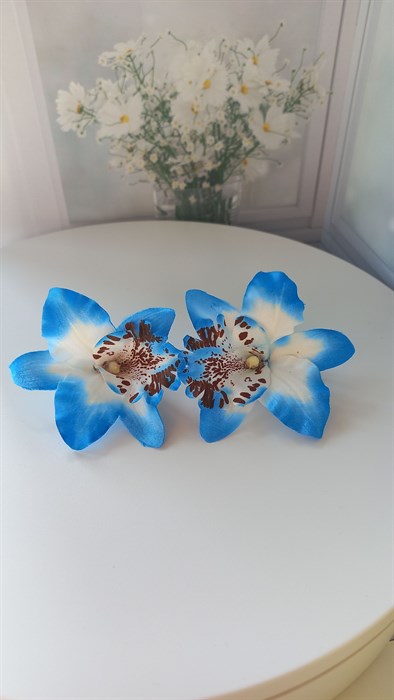 Комплект двух заколок "Тропический цветок Орхидея", голубой - фото 9988