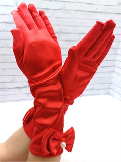 Детские перчатки атласные длинные с бантиком, красные 216-7