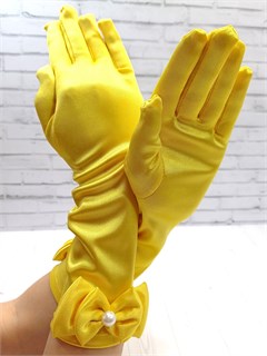 Детские перчатки атласные длинные с бантиком, желтые 216-9