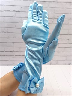 Детские перчатки атласные длинные с бантиком, голубое озеро 216-5