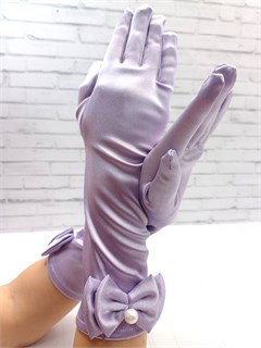 Детские перчатки атласные длинные с бантиком, нежно-сиреневые 216-3