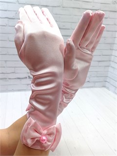 Детские перчатки атласные длинные с бантиком, розовые 216-10