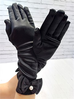 Детские перчатки атласные длинные с бантиком, черные 216-11