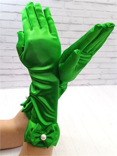 Детские перчатки атласные длинные с бантиком, зеленые 216-12