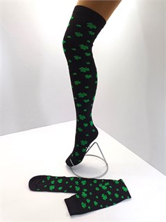 Гольфы высокие, черные с зеленым клевером 704-17