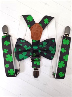 Детские подтяжки с бабочкой черные в зеленый клевер 539-31